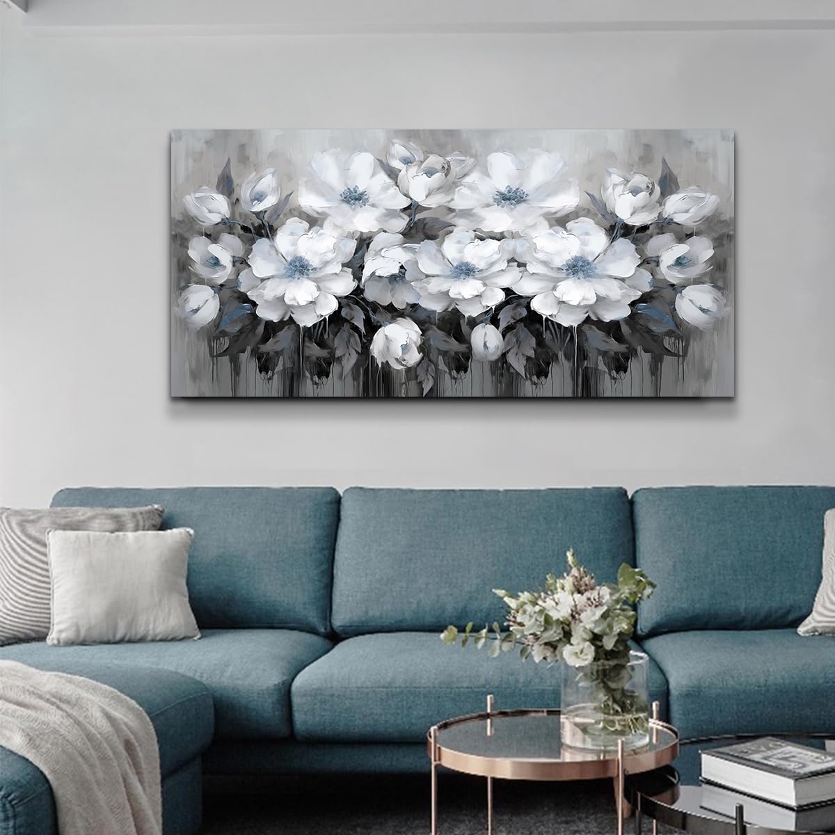 Amazon.co.jp: リビングルームウォールアート、ホワイトとブルーグレー